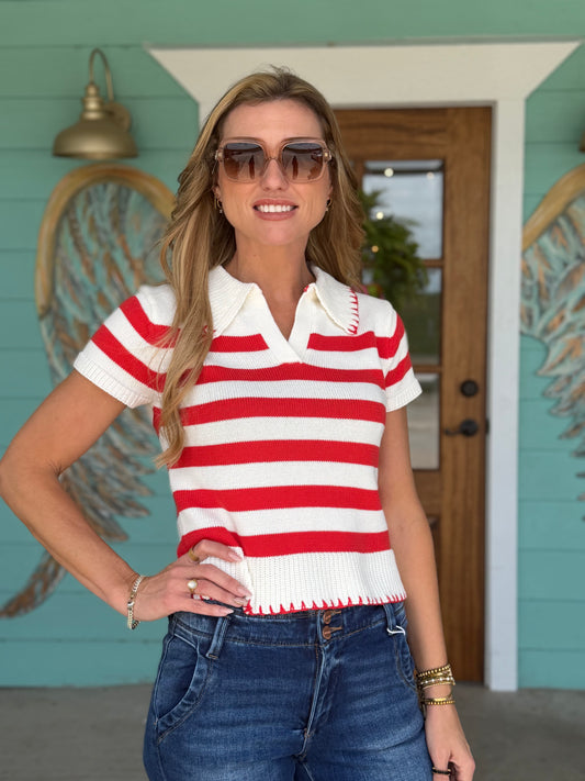 Coral Red Striped Knit Top