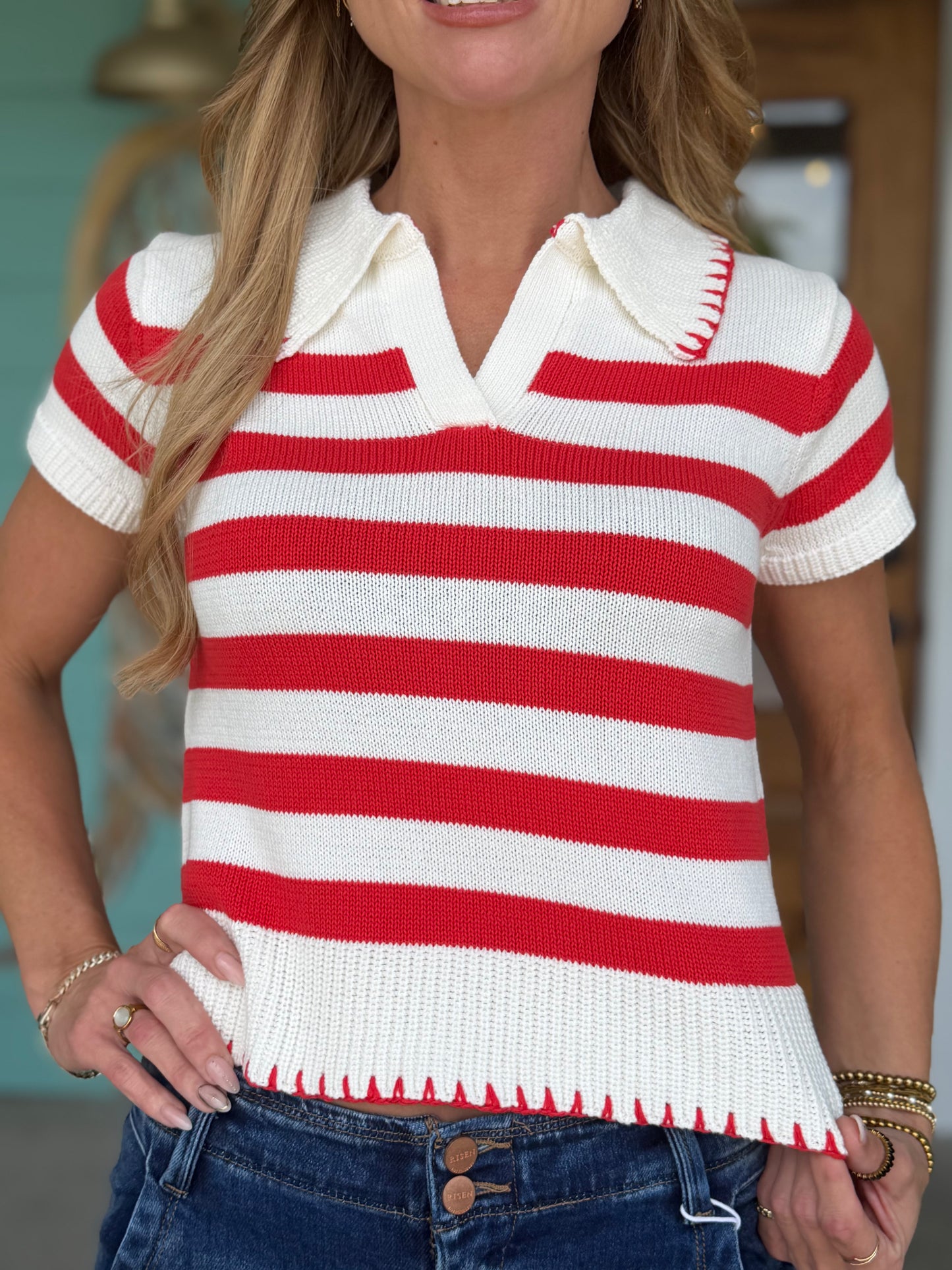 Coral Red Striped Knit Top