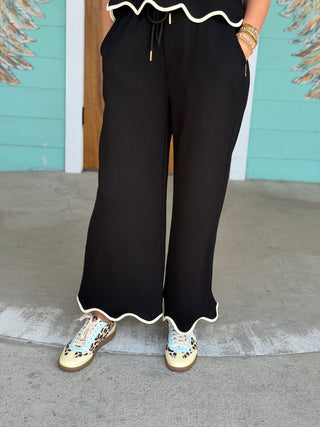 Black Scallop Detail Wide Leg Pants