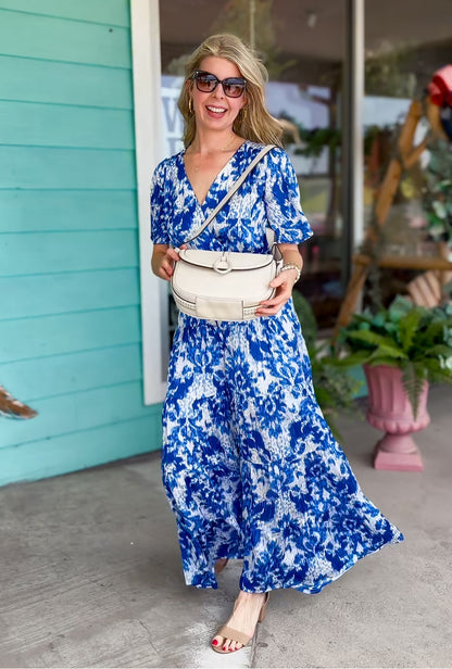 Blue Ikat Floral Maxi Dress