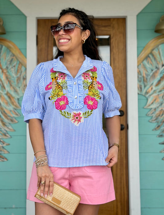 Blue Stripe In the Wild Embroidered Top