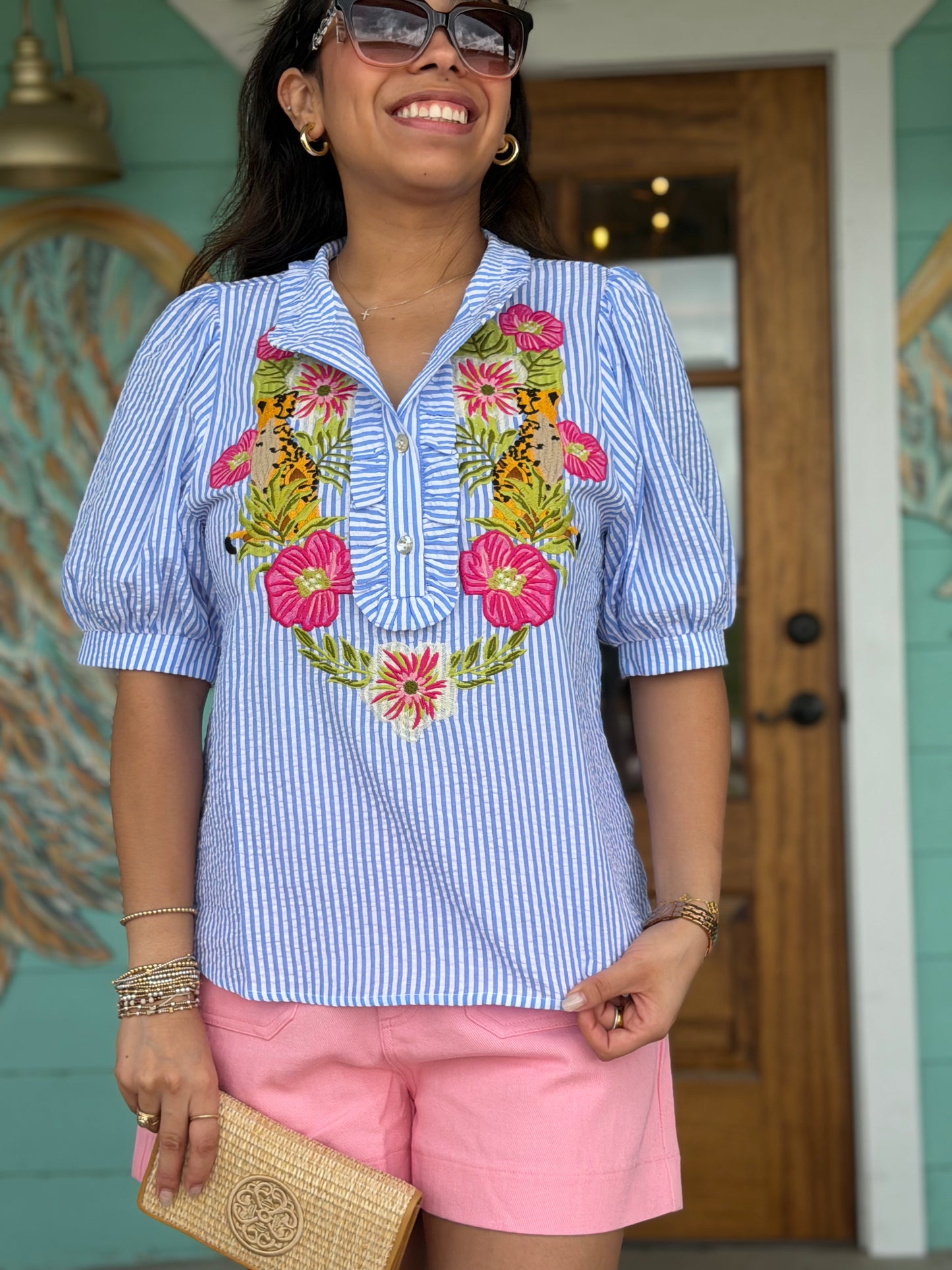 Blue Stripe In the Wild Embroidered Top