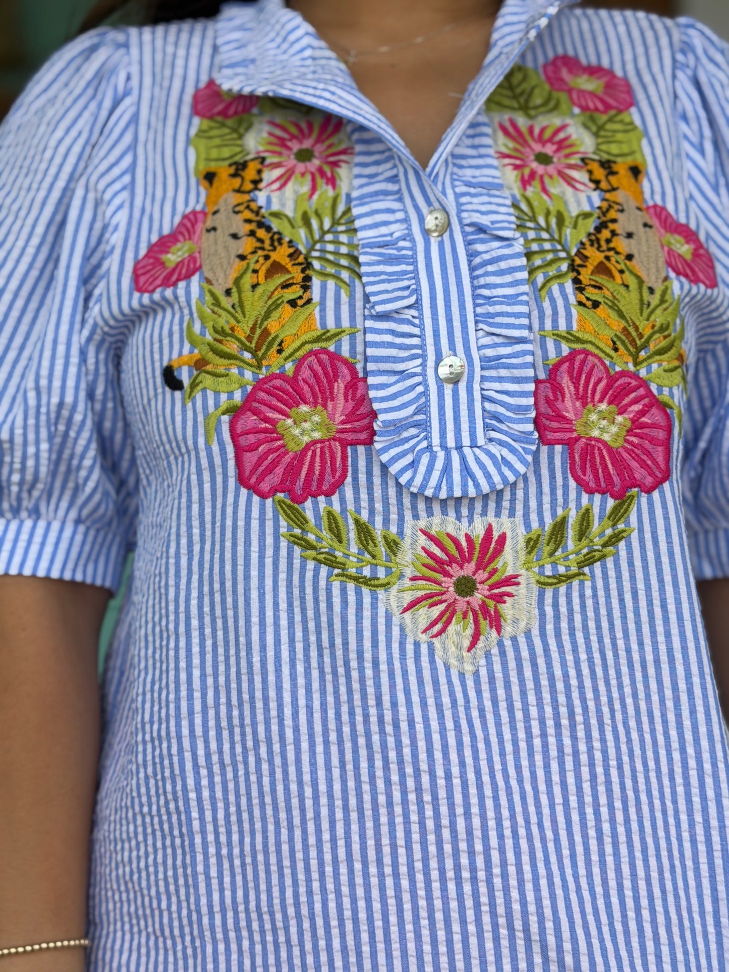 Blue Stripe In the Wild Embroidered Top