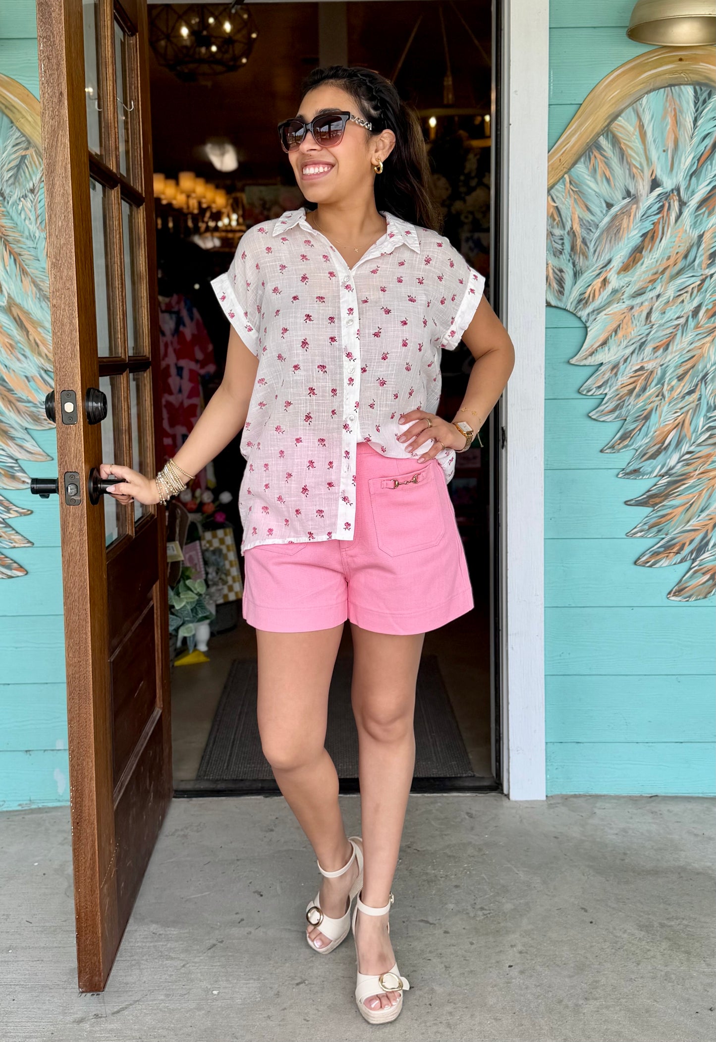 Off White Pink Floral Detail Top