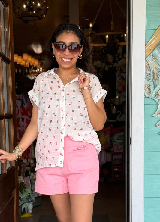 Off White Pink Floral Detail Top