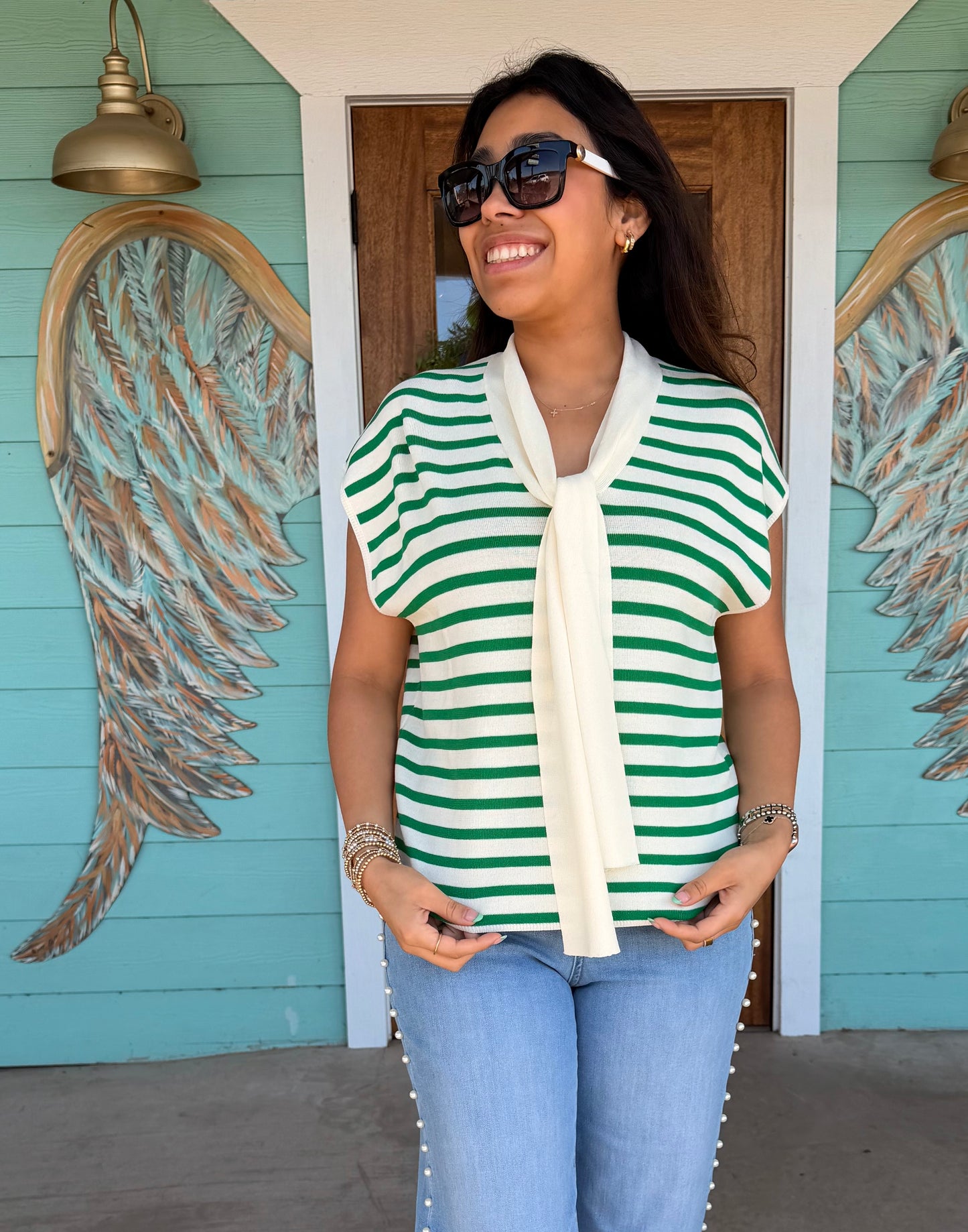 Cream & Green Striped Selma Top