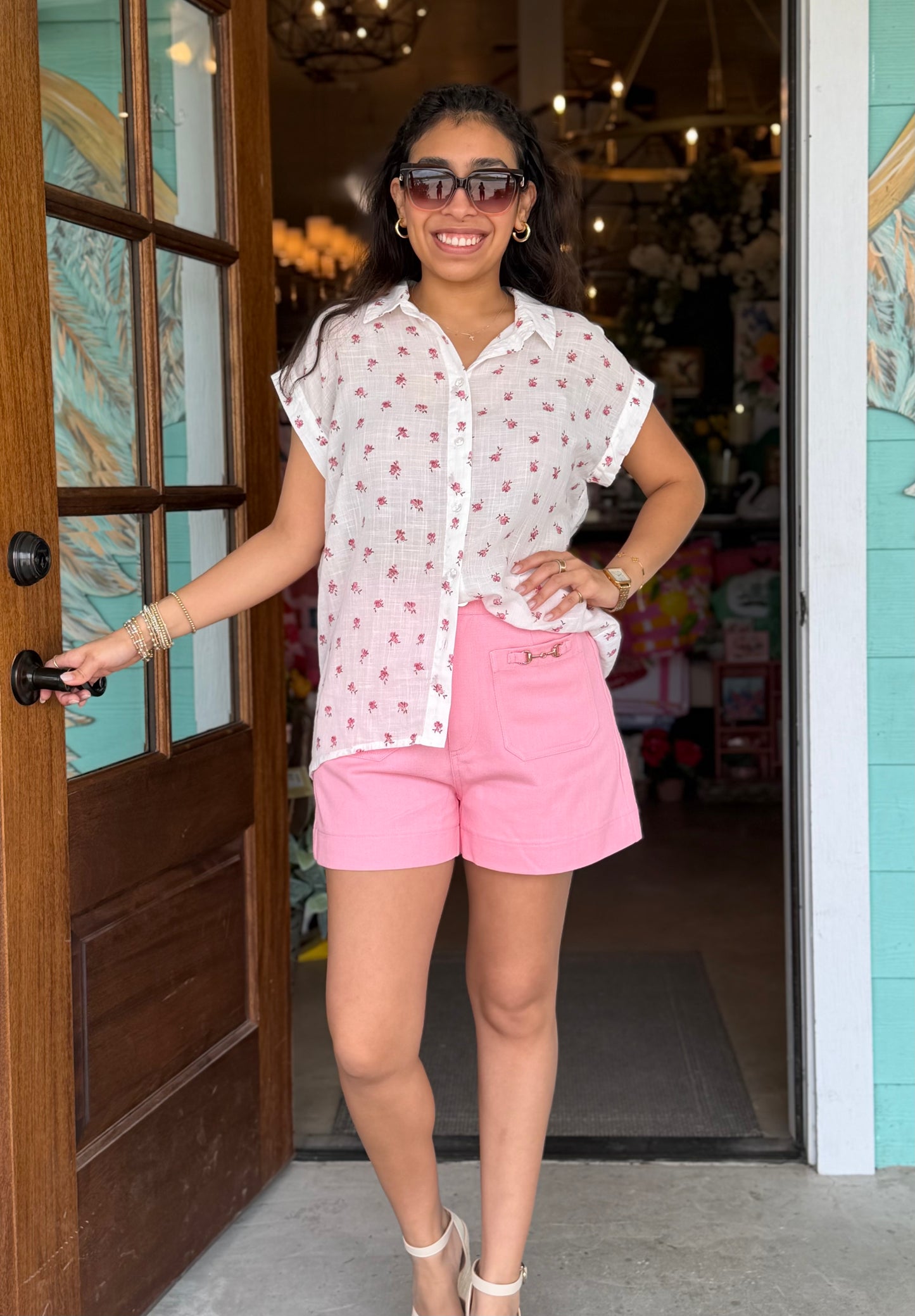 Off White Pink Floral Detail Top