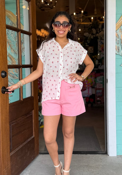 Off White Pink Floral Detail Top