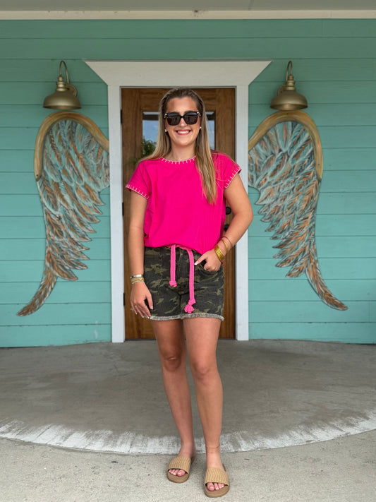 Hot Pink Stitch Detailed Oversize Top