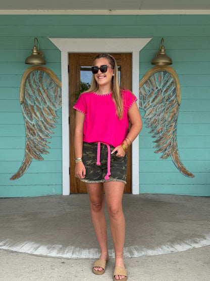 Hot Pink Stitch Detailed Oversize Top