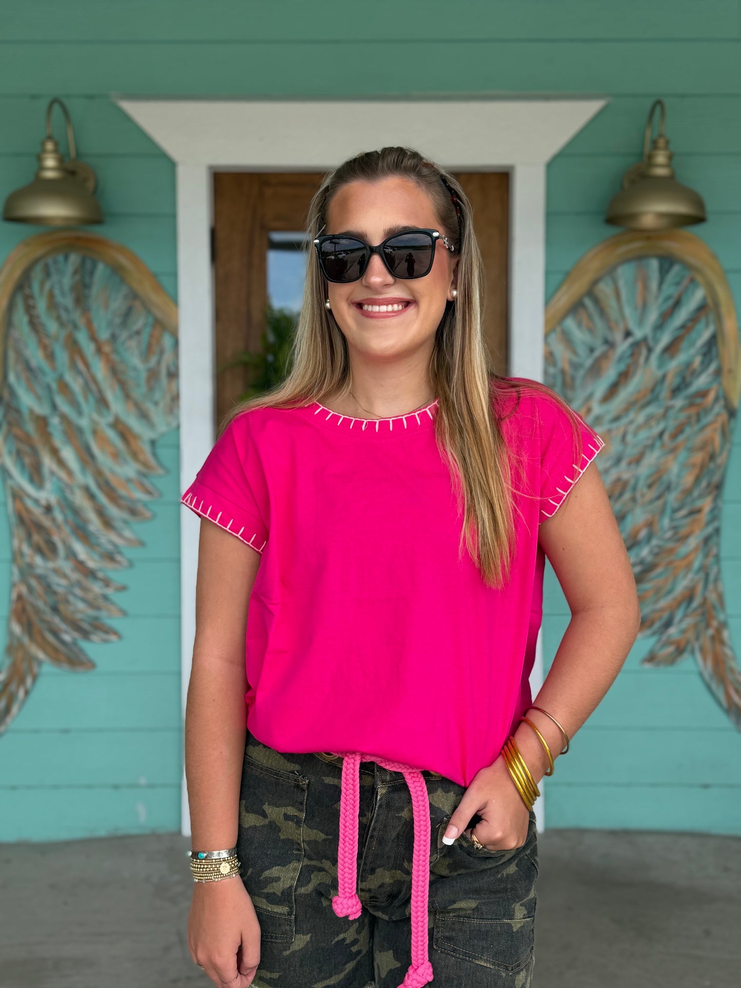Hot Pink Stitch Detailed Oversize Top