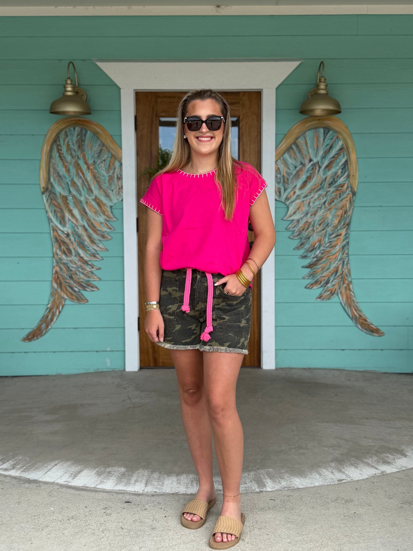 Camo Print Braided Waist Belt Shorts