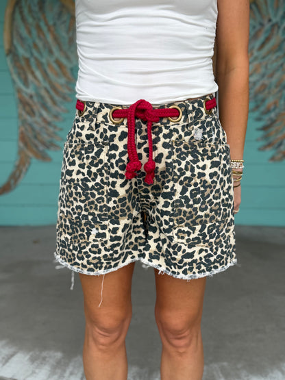 Leopard Print Braided Waist Belt Shorts