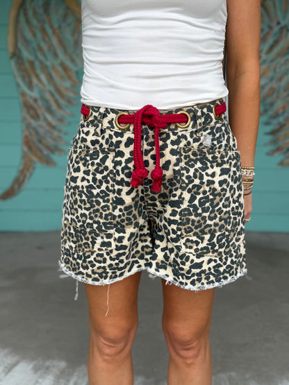 Leopard Print Braided Waist Belt Shorts