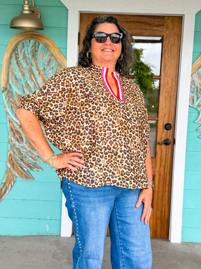 Leopard Print Contrast Stripe Dolman Top