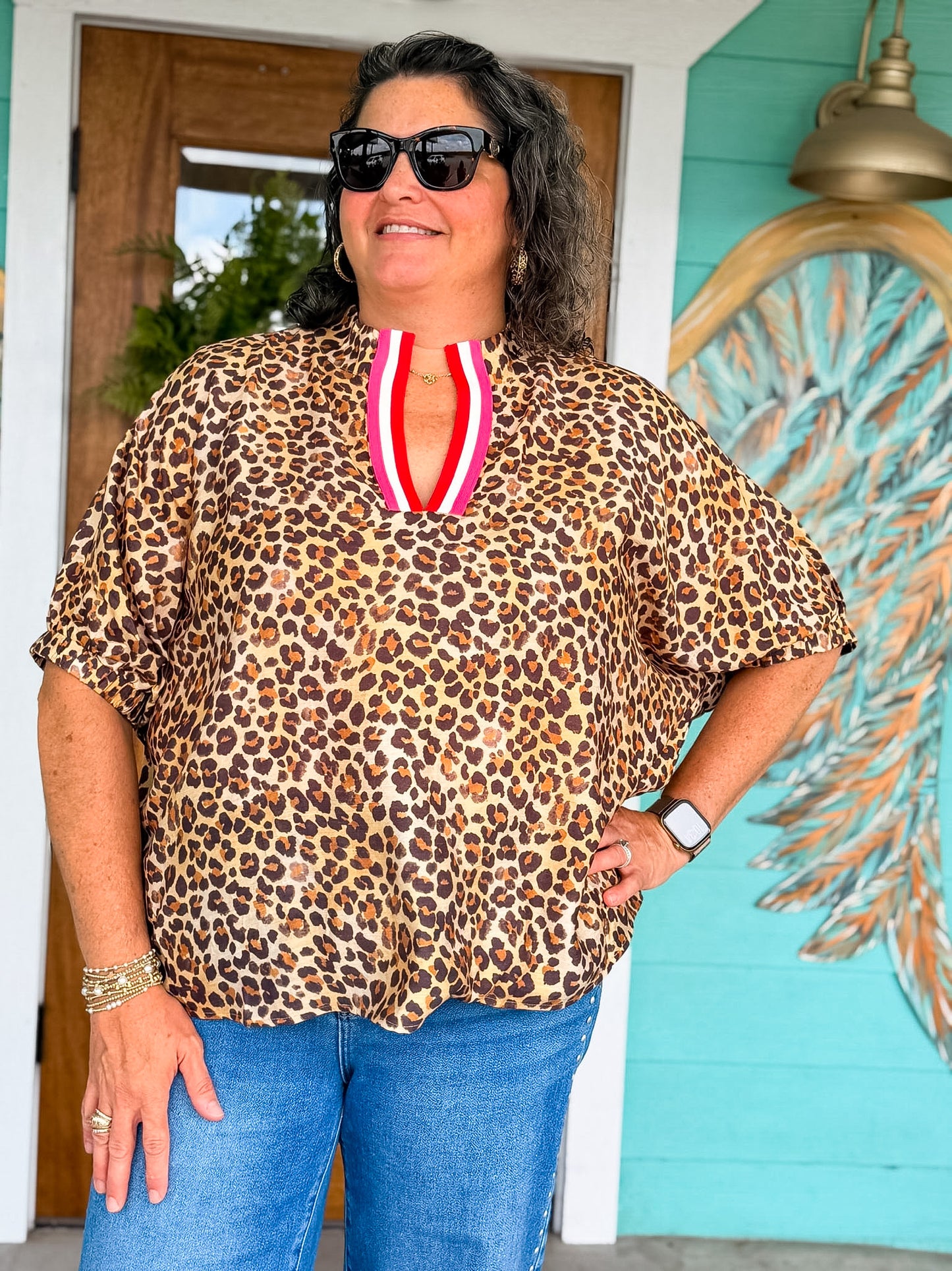 Leopard Print Contrast Stripe Dolman Top
