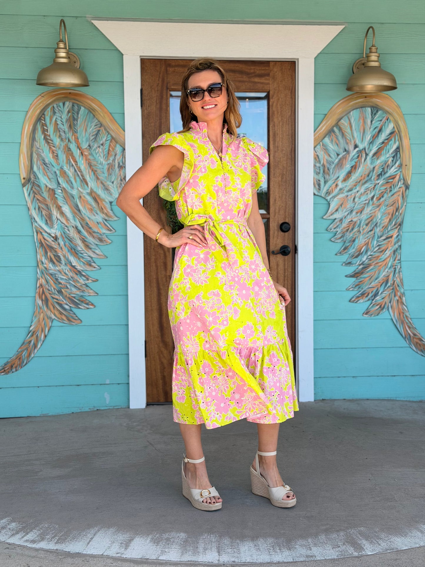 Apple Green & Pink Eyelet Maxi Dress