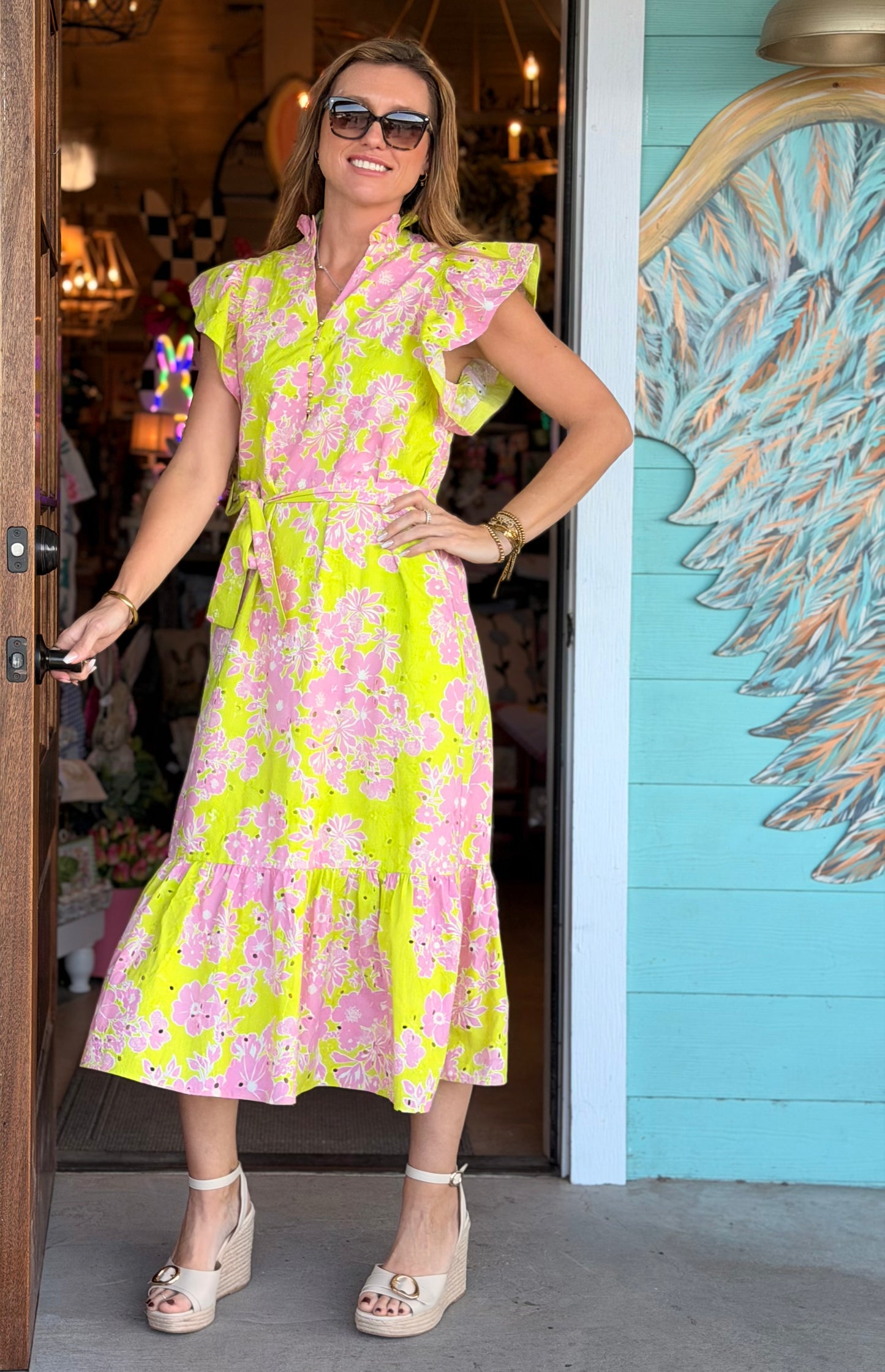 Apple Green & Pink Eyelet Maxi Dress