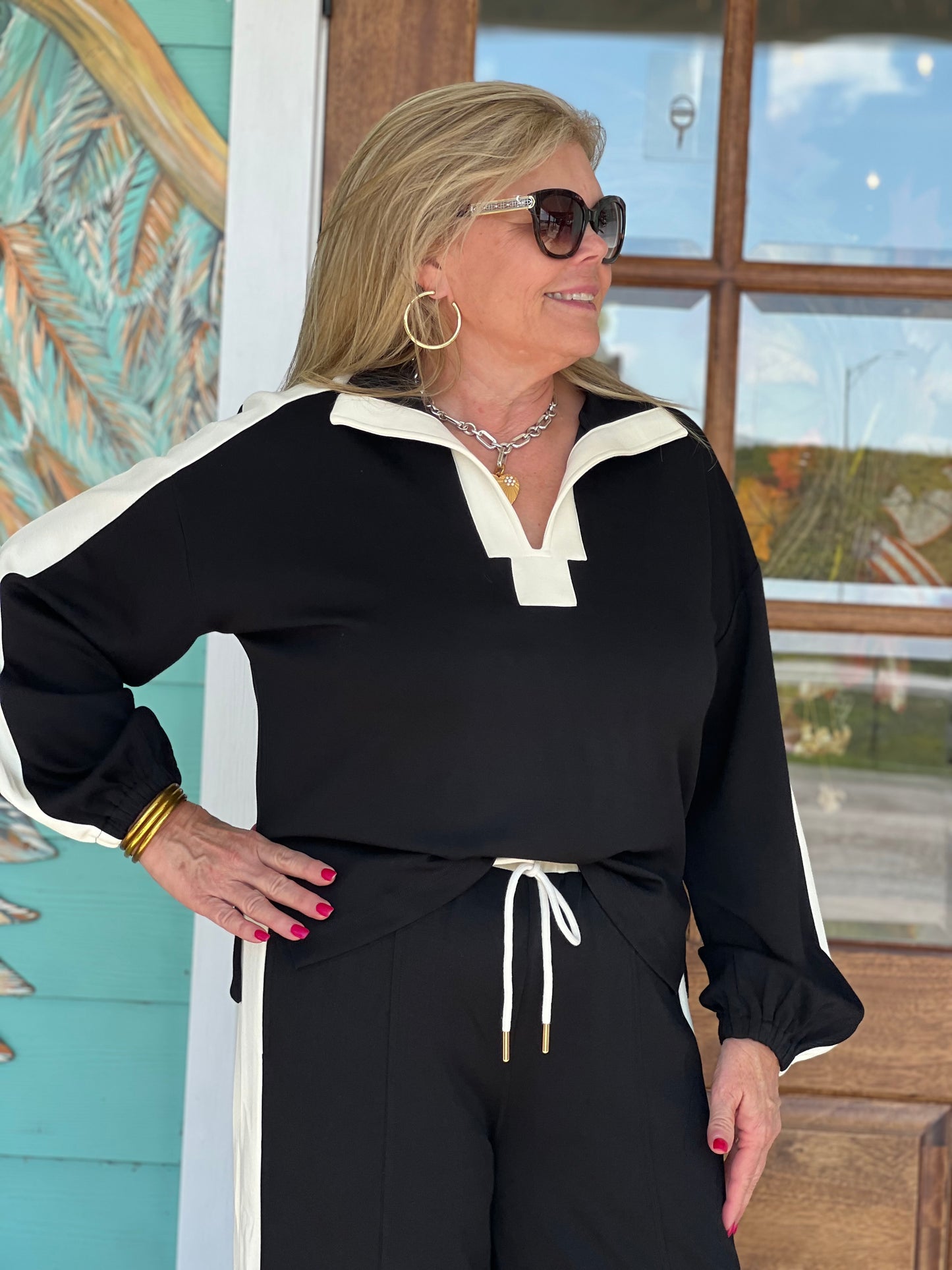 Black Long Sleeve Color Block Top