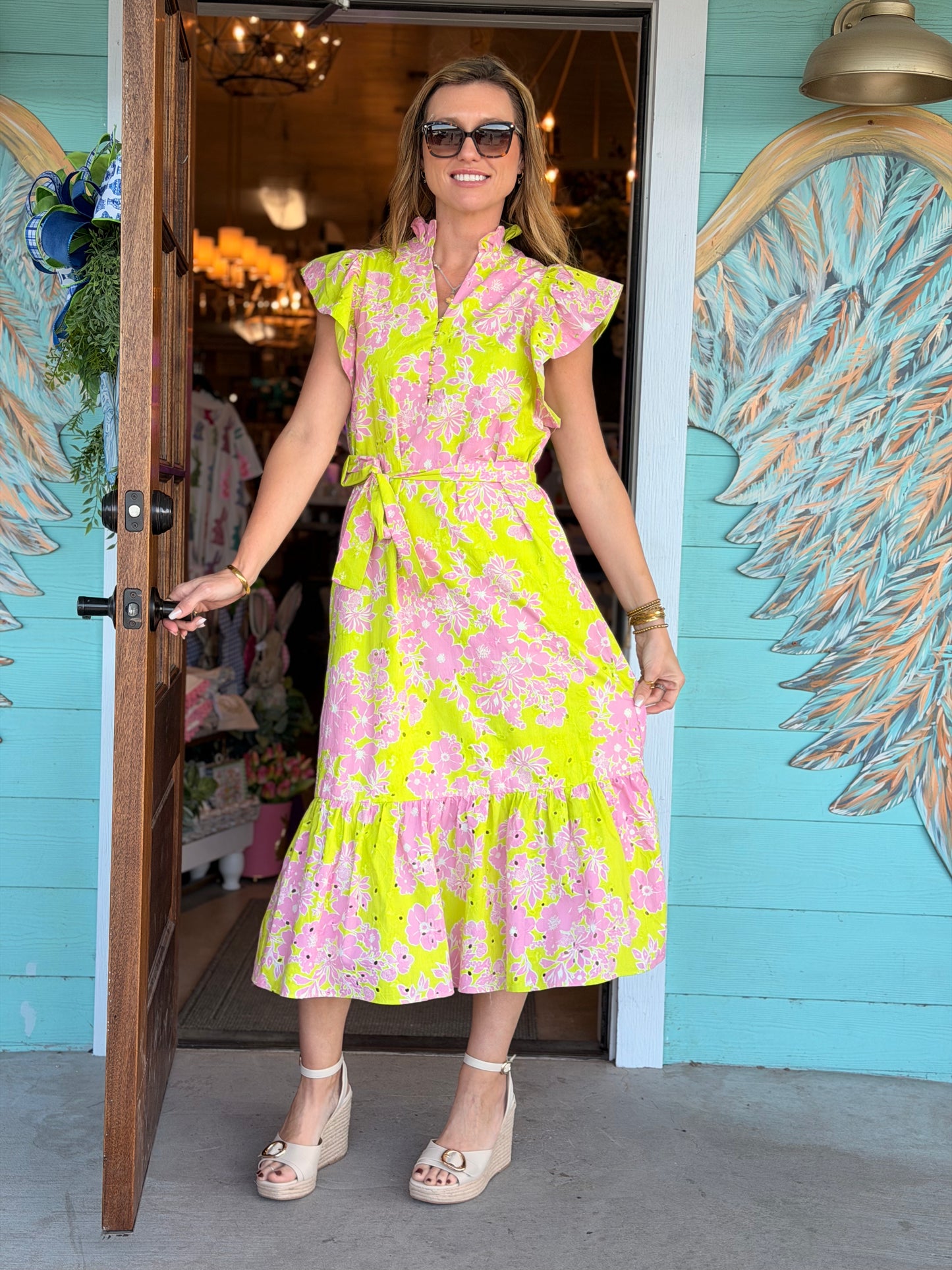 Apple Green & Pink Eyelet Maxi Dress