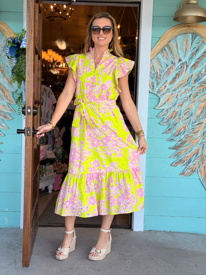 Apple Green & Pink Eyelet Maxi Dress