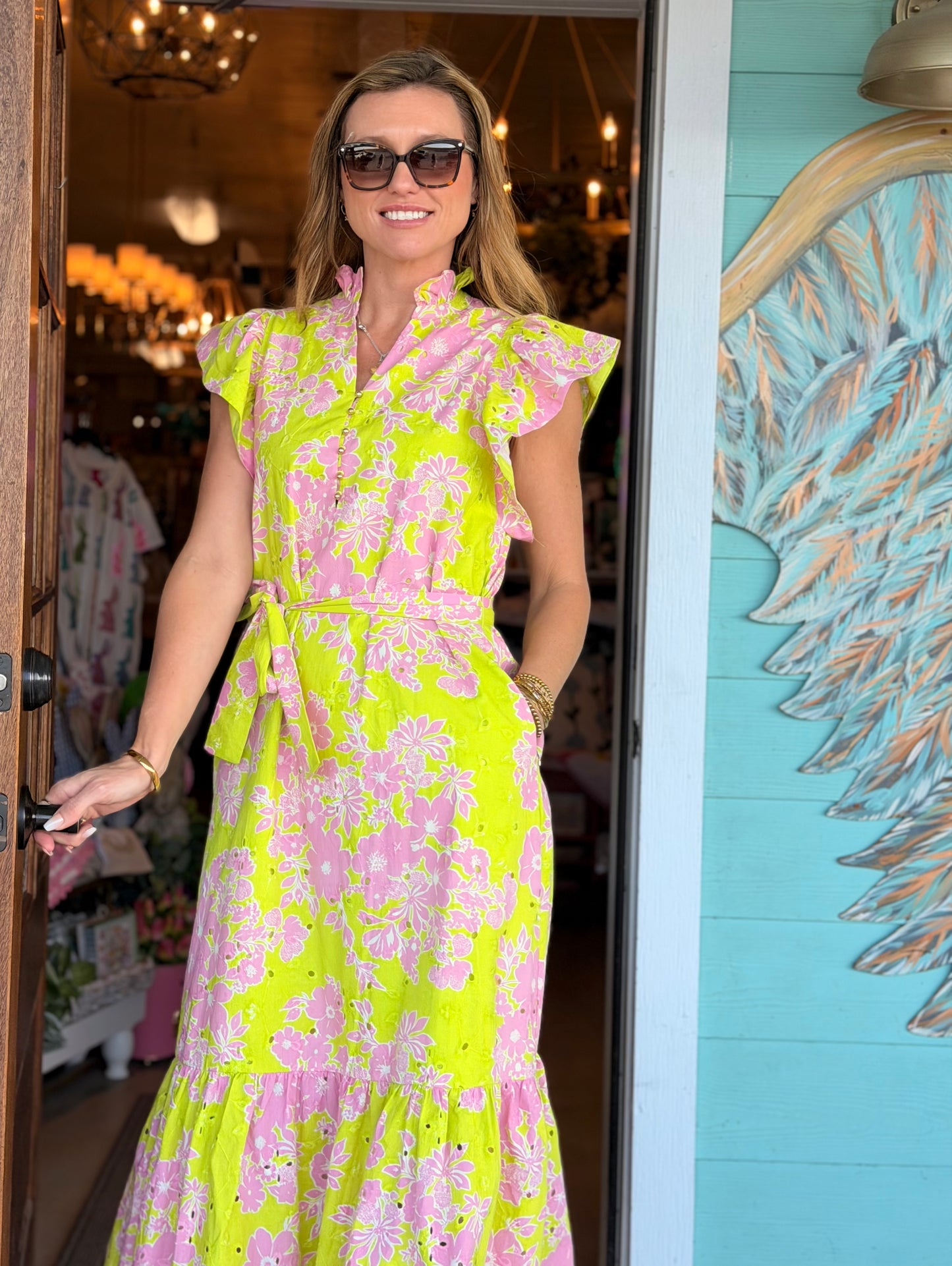 Apple Green & Pink Eyelet Maxi Dress