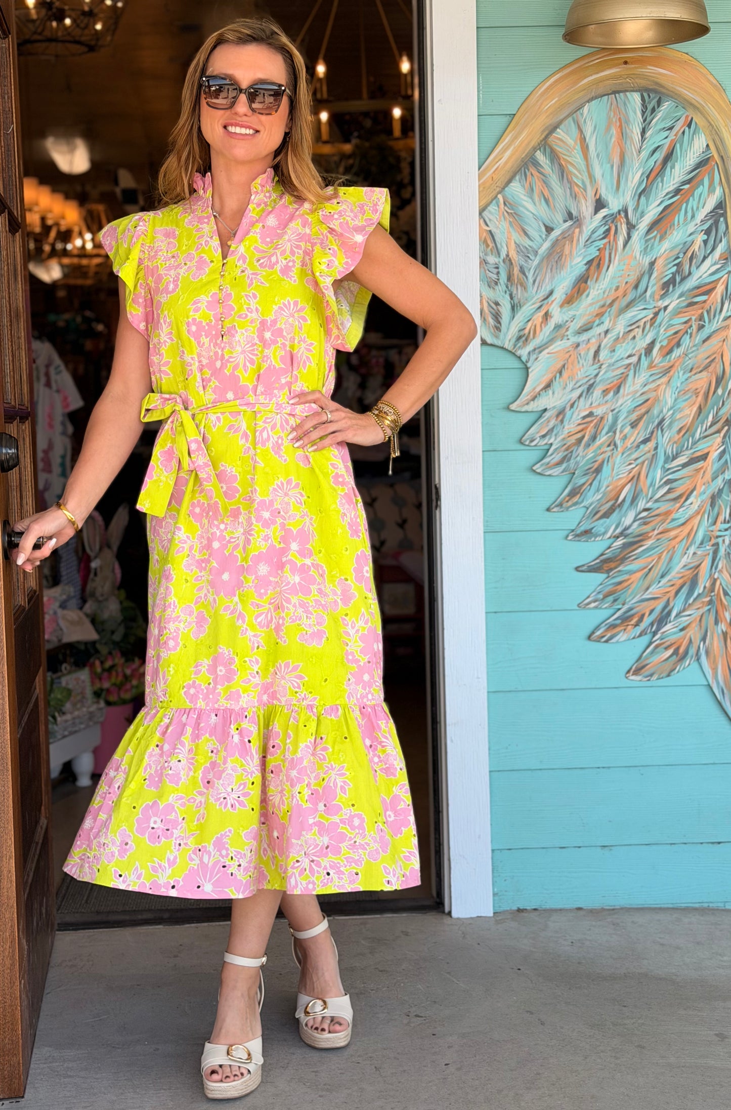 Apple Green & Pink Eyelet Maxi Dress