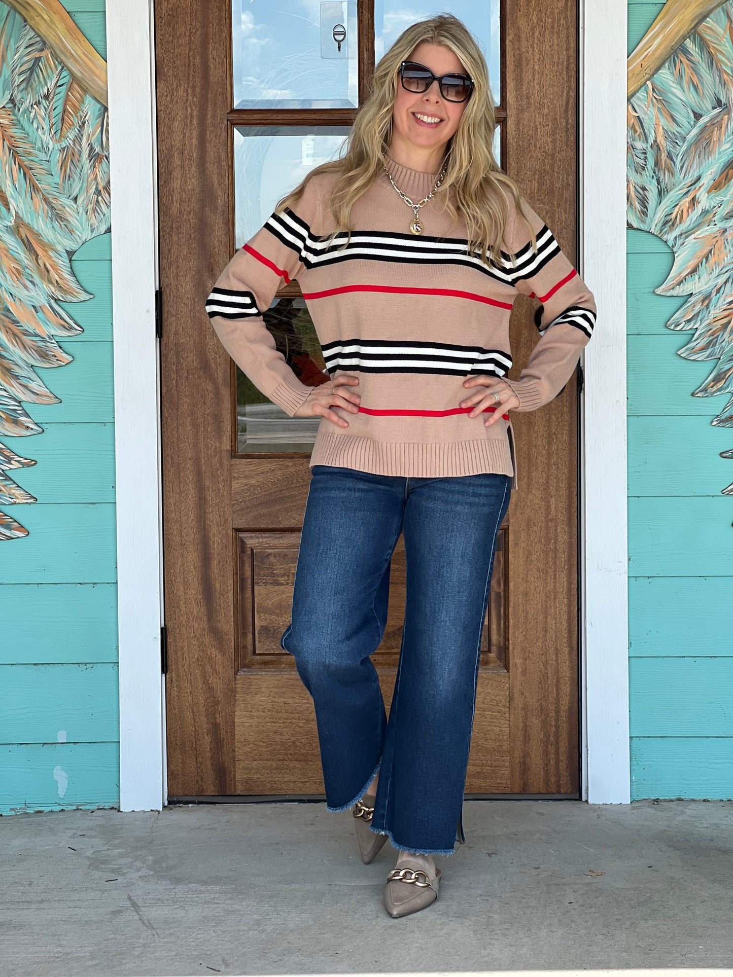 Mocha Crew Neck Stripe Sweater