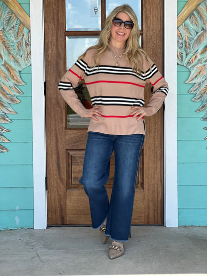 Mocha Crew Neck Stripe Sweater