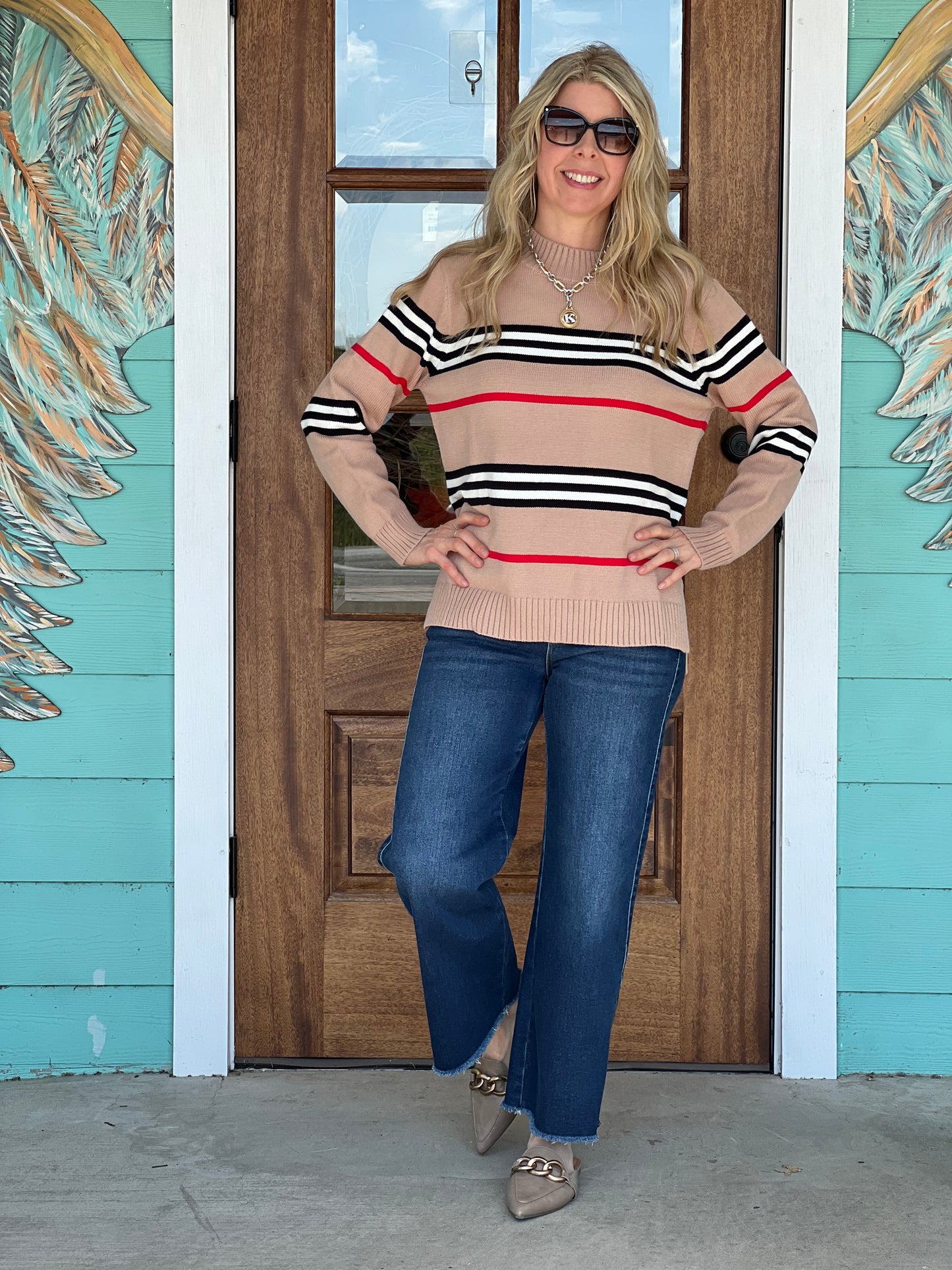 Mocha Crew Neck Stripe Sweater