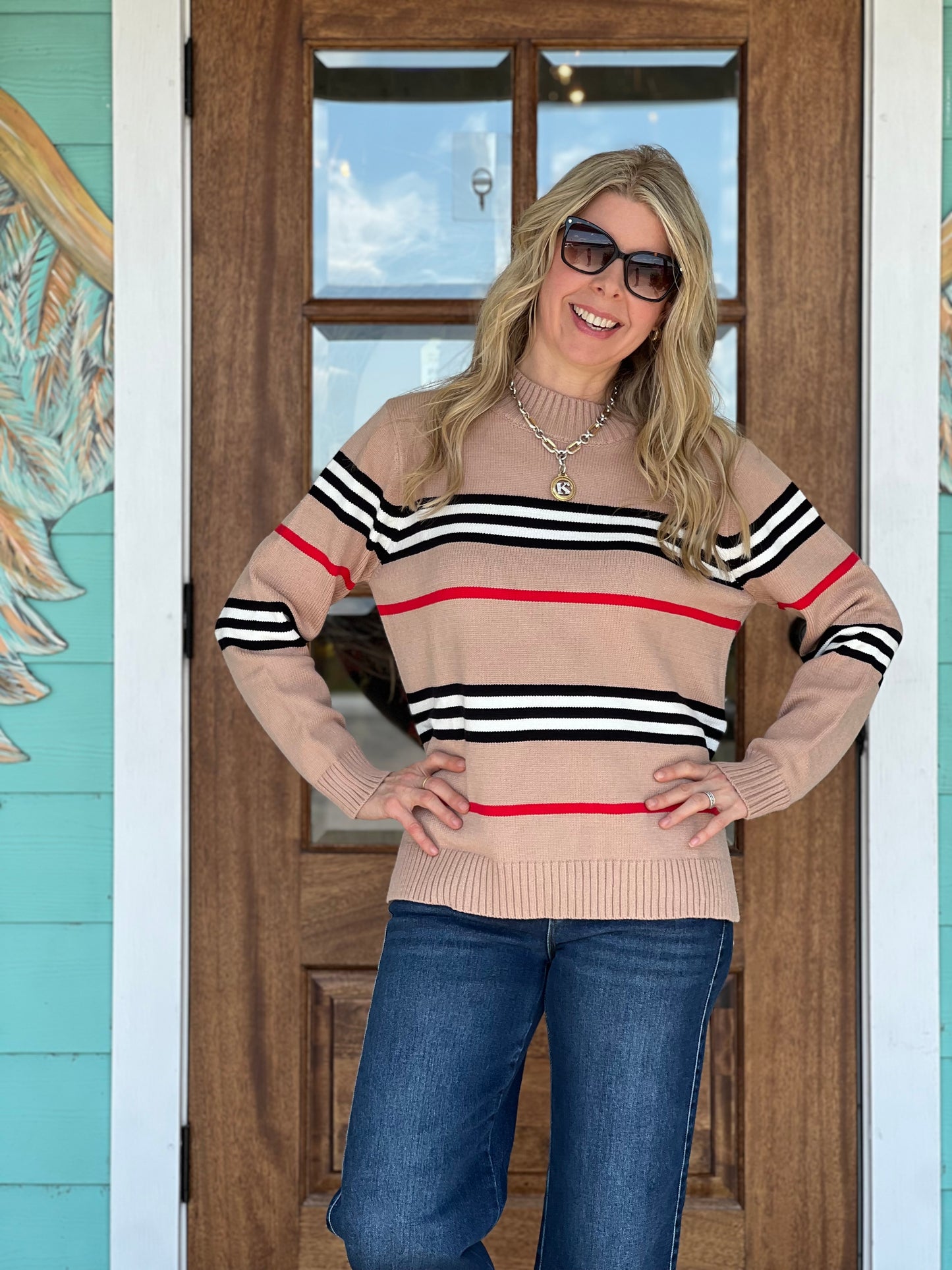 Mocha Crew Neck Stripe Sweater