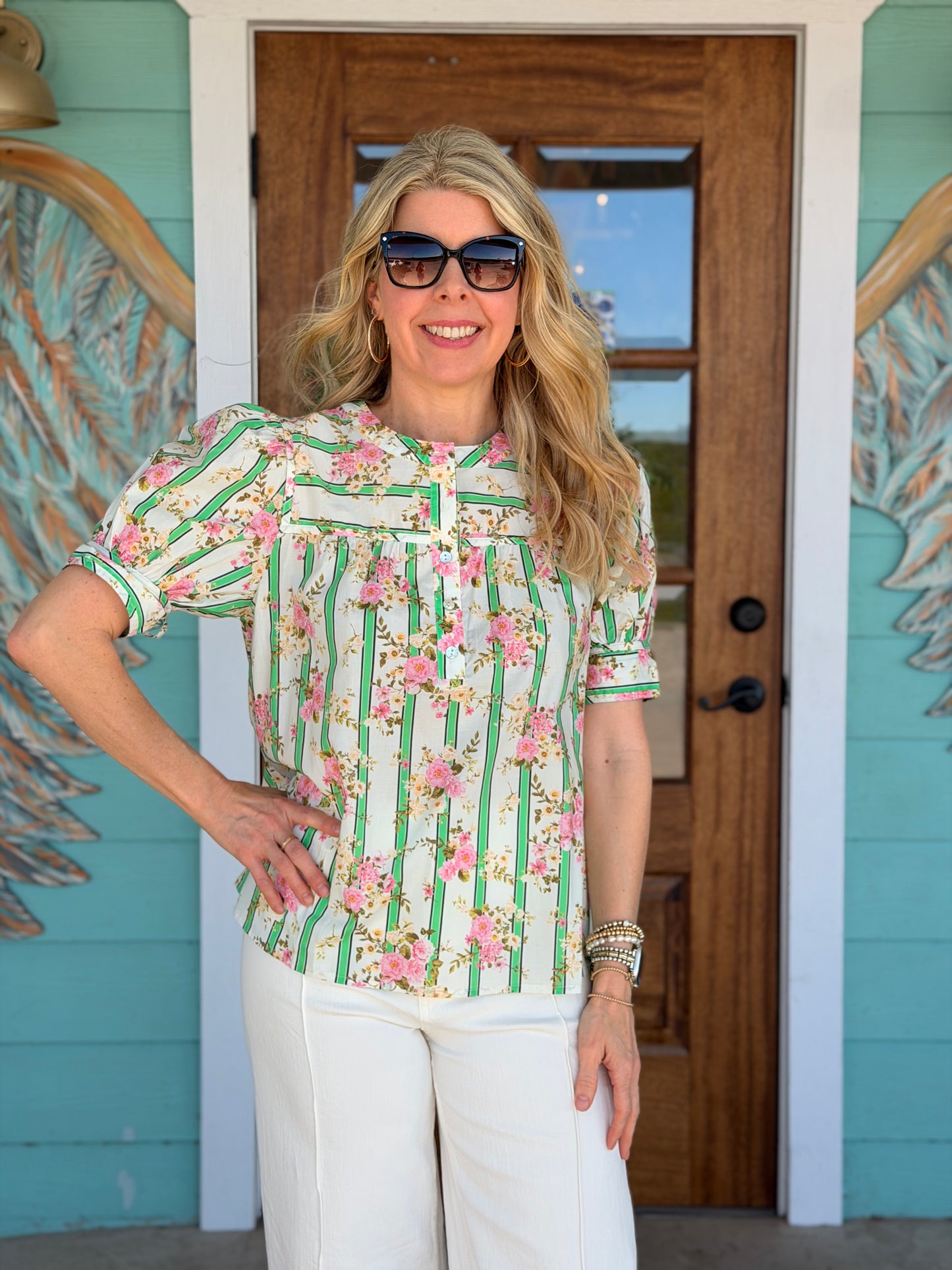 Green Stripe & Floral Fiona Top