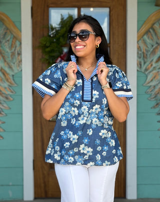 Blue Floral Striped Contrast Trim Top
