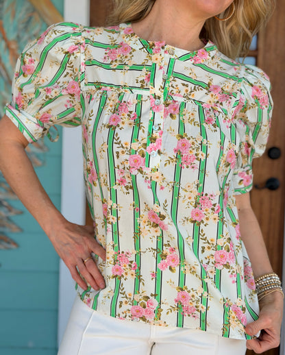 Green Stripe & Floral Fiona Top