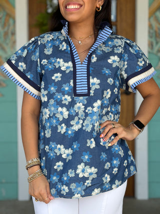 Blue Floral Striped Contrast Trim Top