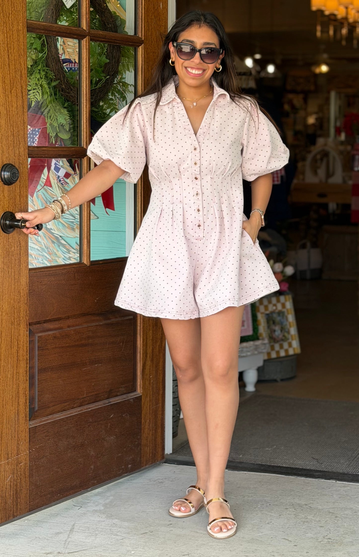 Pink Polka Dot Pleat Romper