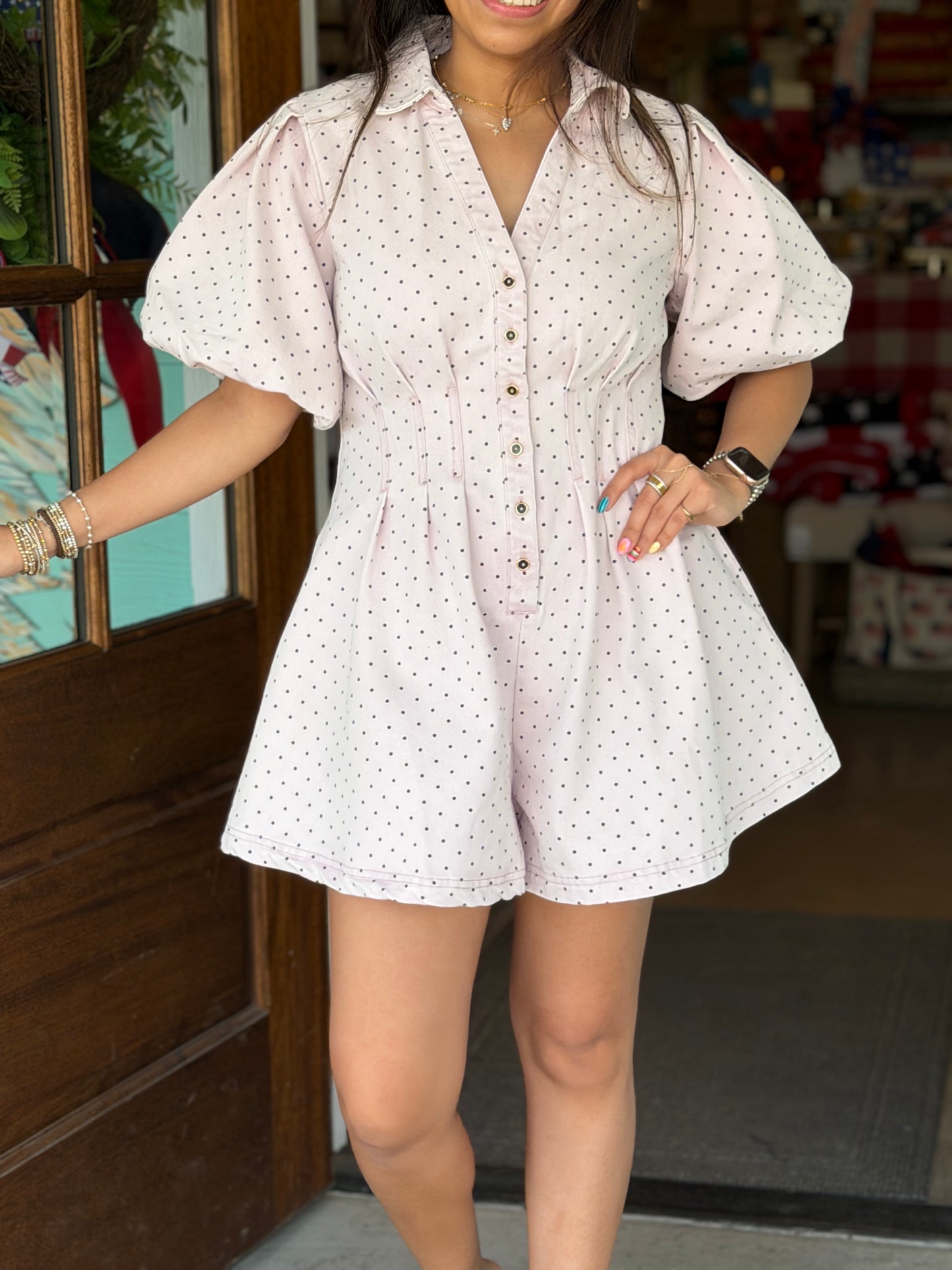 Pink Polka Dot Pleat Romper