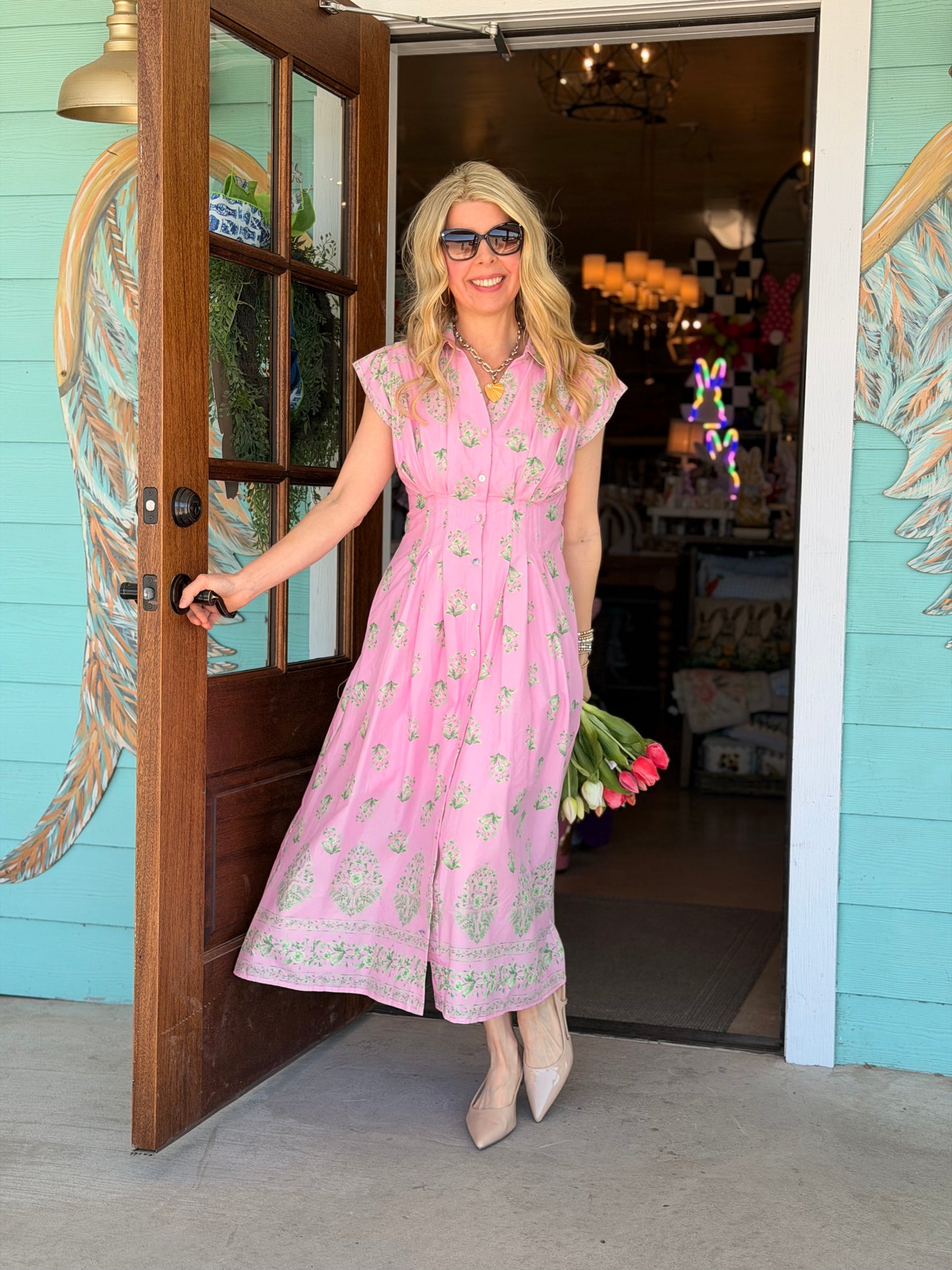 Pink & Green Floral Fern Dress
