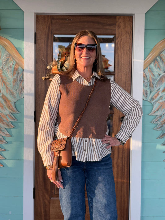 Brown Striped Sweater Combo Top
