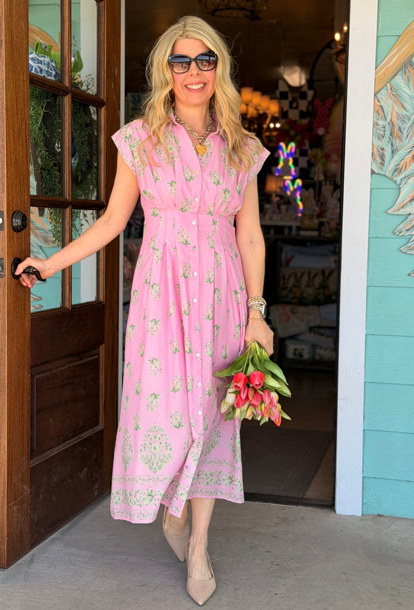 Pink & Green Floral Fern Dress