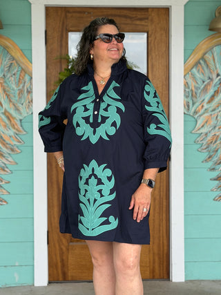 Navy Aqua Baroque Embroidered Detail Dress