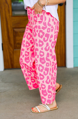 Pink Leopard Cropped Wide Leg Pants
