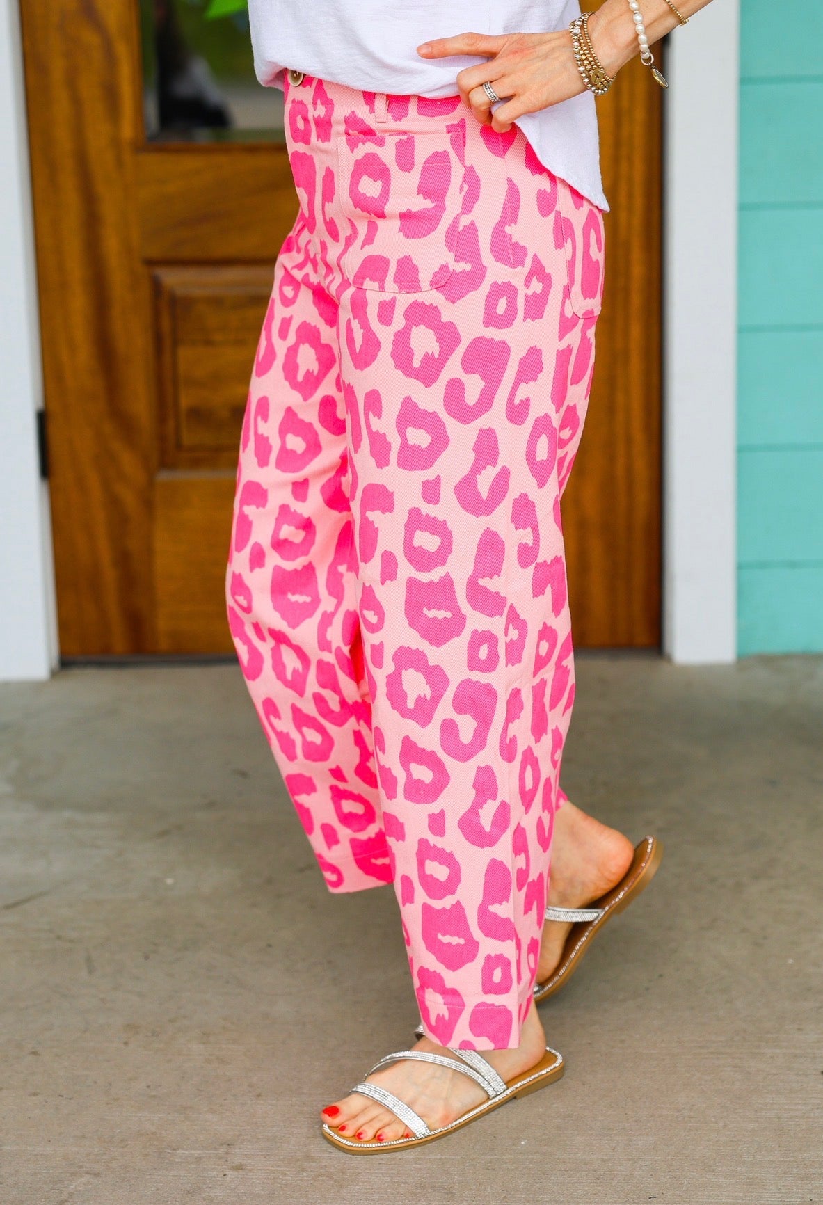 Pink Leopard Cropped Wide Leg Pants