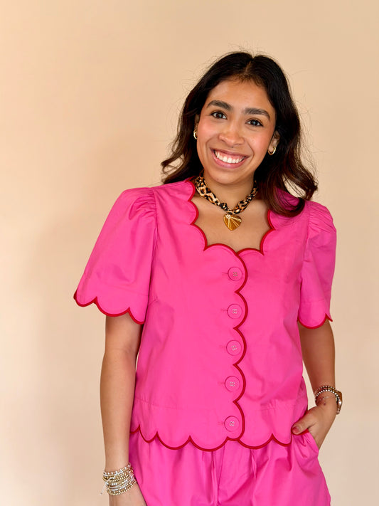 Hot Pink & Red Scalloped Button Top