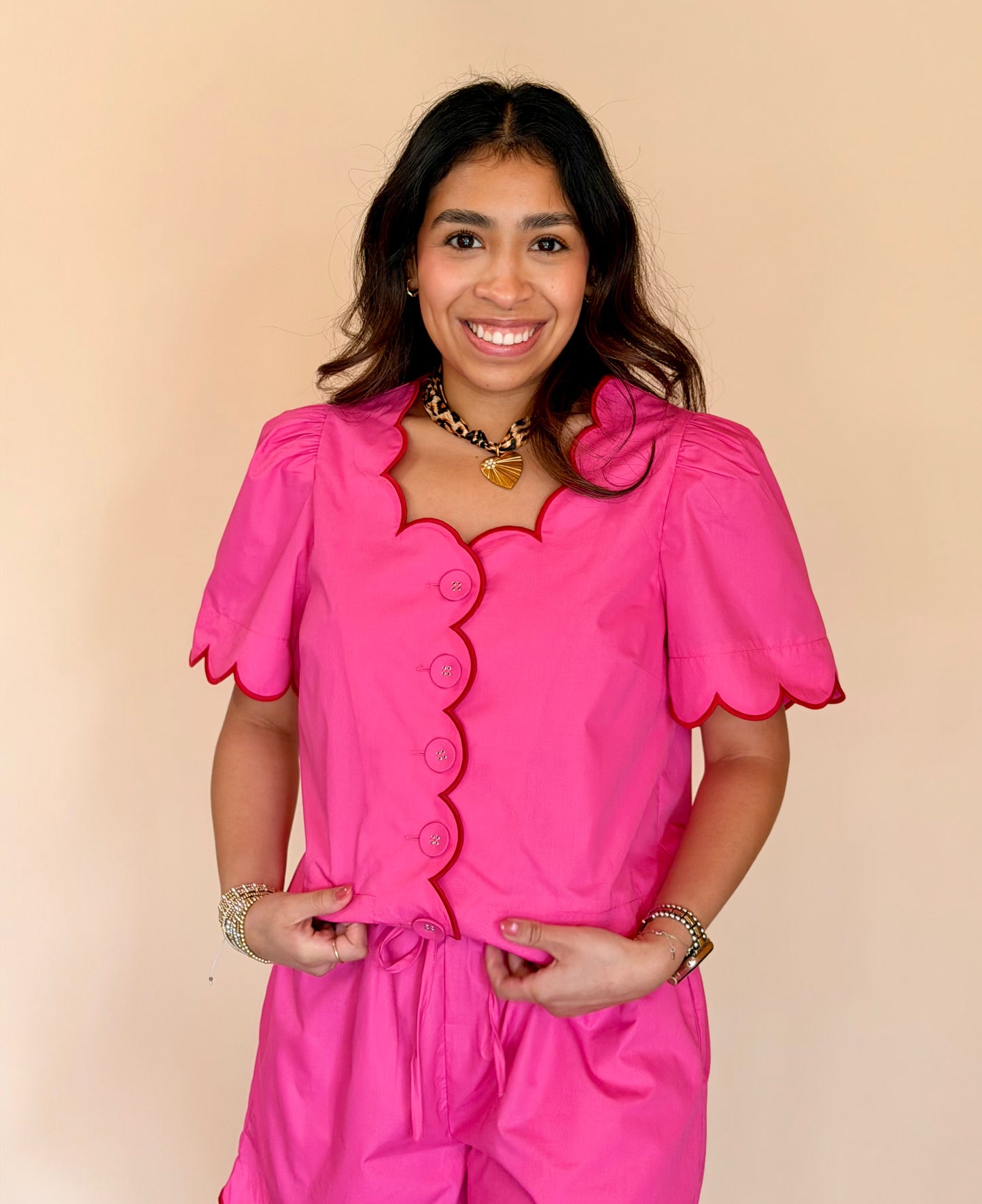 Hot Pink & Red Scalloped Button Top