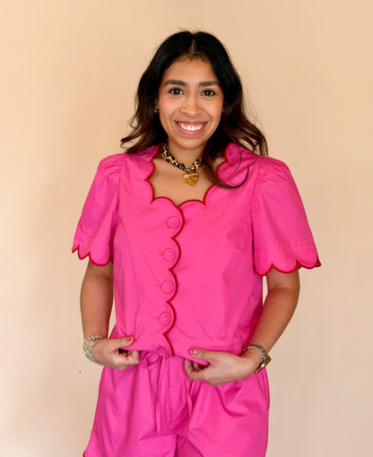 Hot Pink & Red Scalloped Button Top