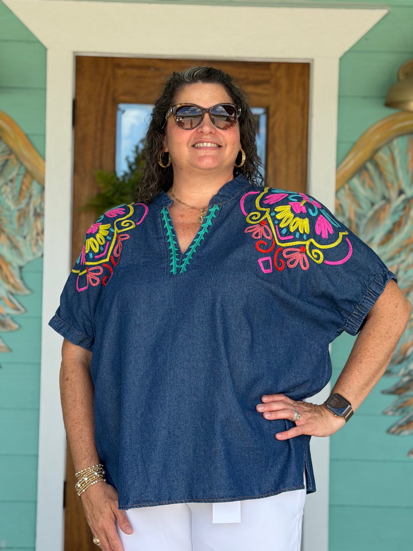 Bright Embroidered Denim Puff Sleeve Top