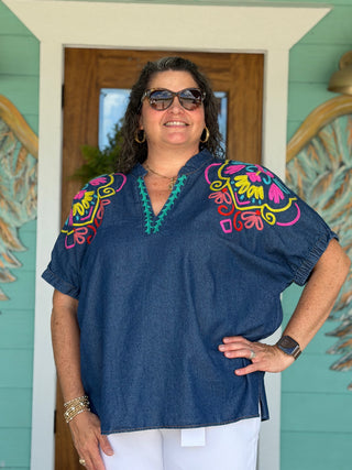Bright Embroidered Denim Puff Sleeve Top