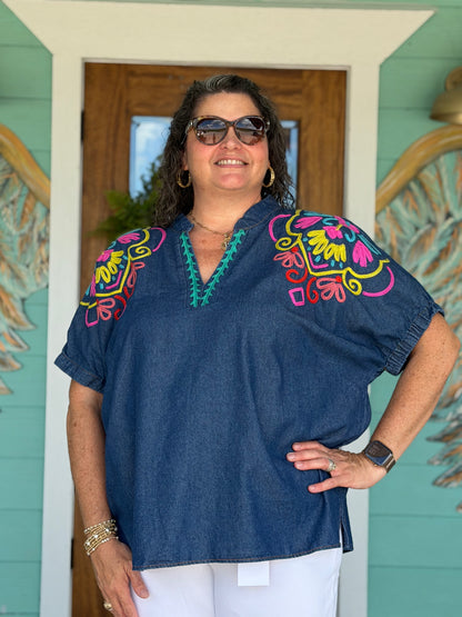Bright Embroidered Denim Puff Sleeve Top