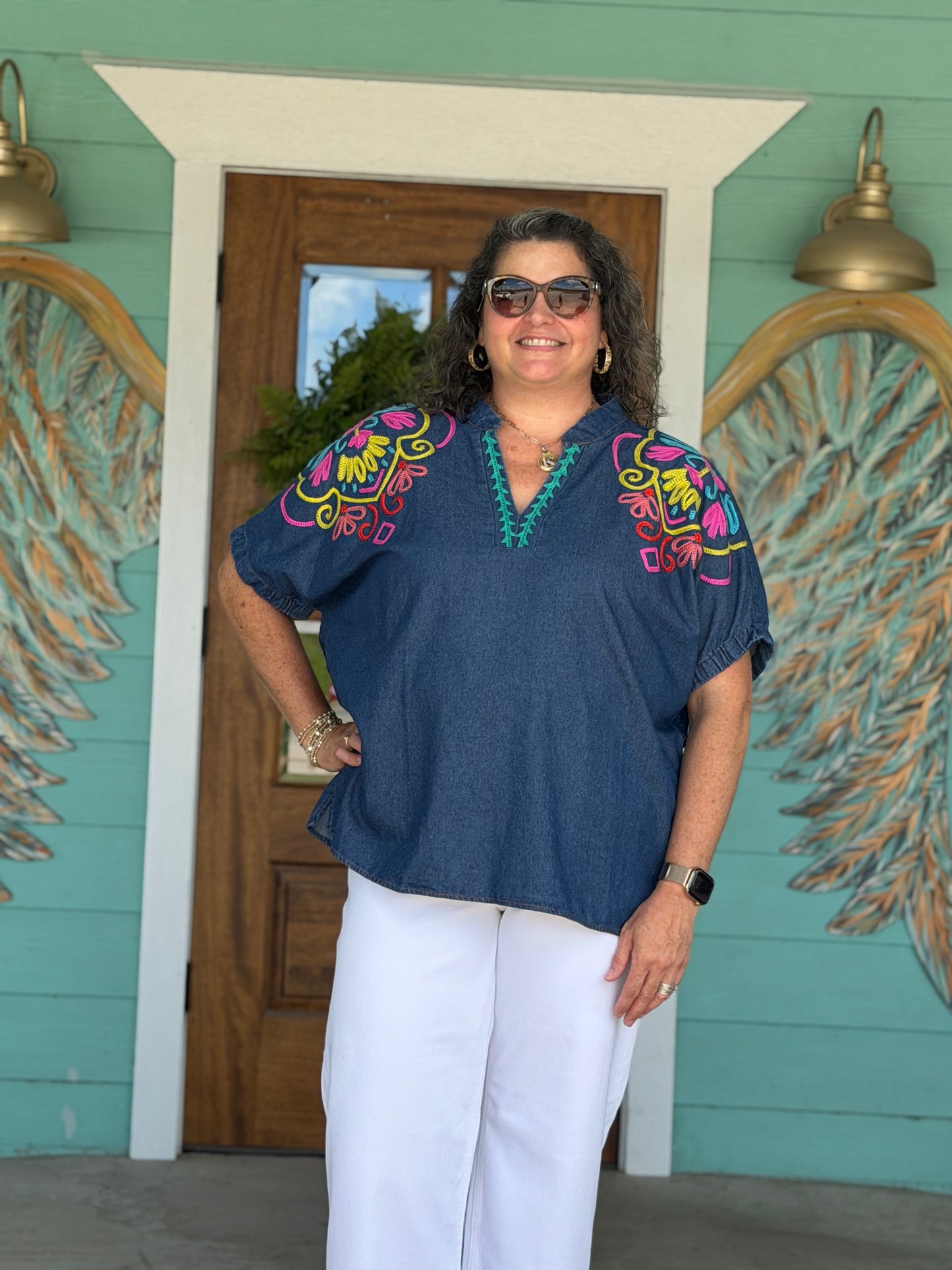 Bright Embroidered Denim Puff Sleeve Top